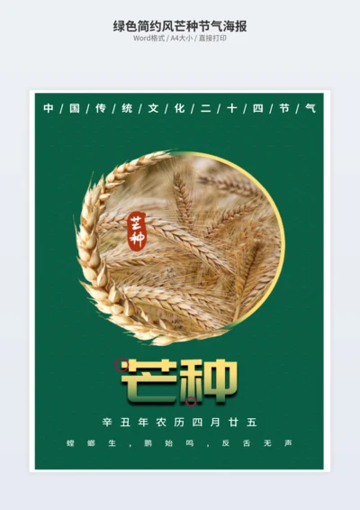绿色简约风芒种节气海报