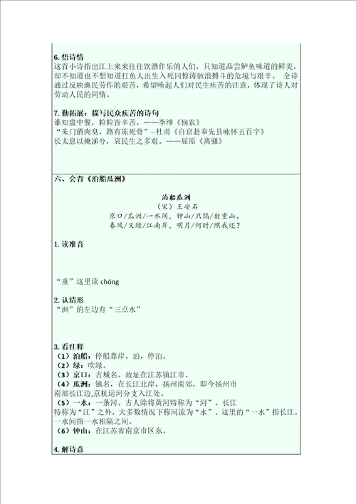 六下古诗词单元过关自查表