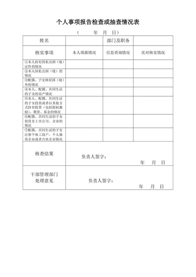 个人事项报告检查或抽查情况表