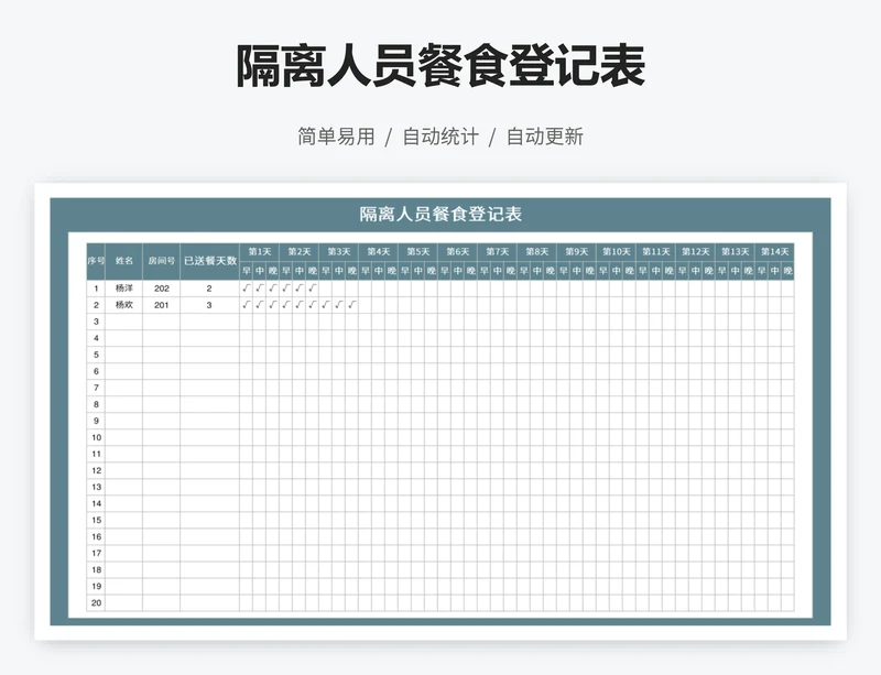 隔离人员餐食登记表