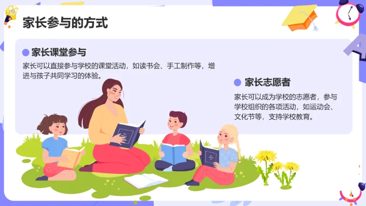 紫色卡通风期中总结与教育策略家长会PPT模板