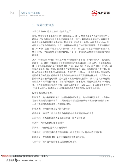 汽车行业周报特斯拉拟在上海投资建厂