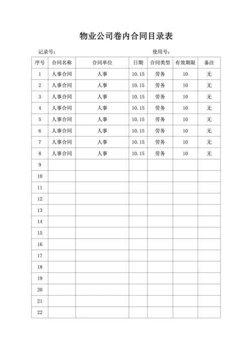 物业公司卷内合同目录表