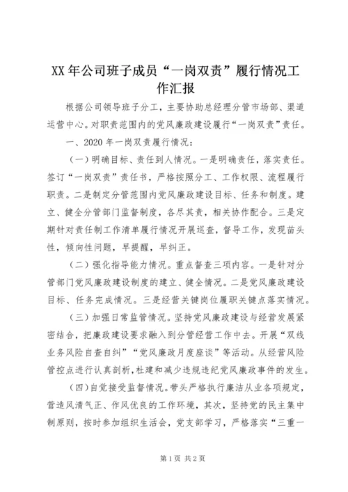 XX年公司班子成员“一岗双责”履行情况工作汇报.docx