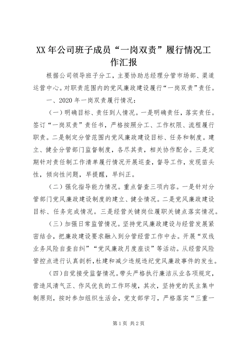 XX年公司班子成员“一岗双责”履行情况工作汇报.docx