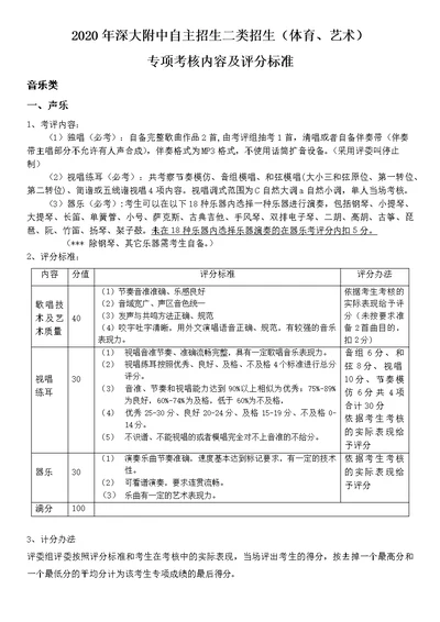 2020年深大附中自主招生二类招生体育、艺术专项考核内容及评分标准