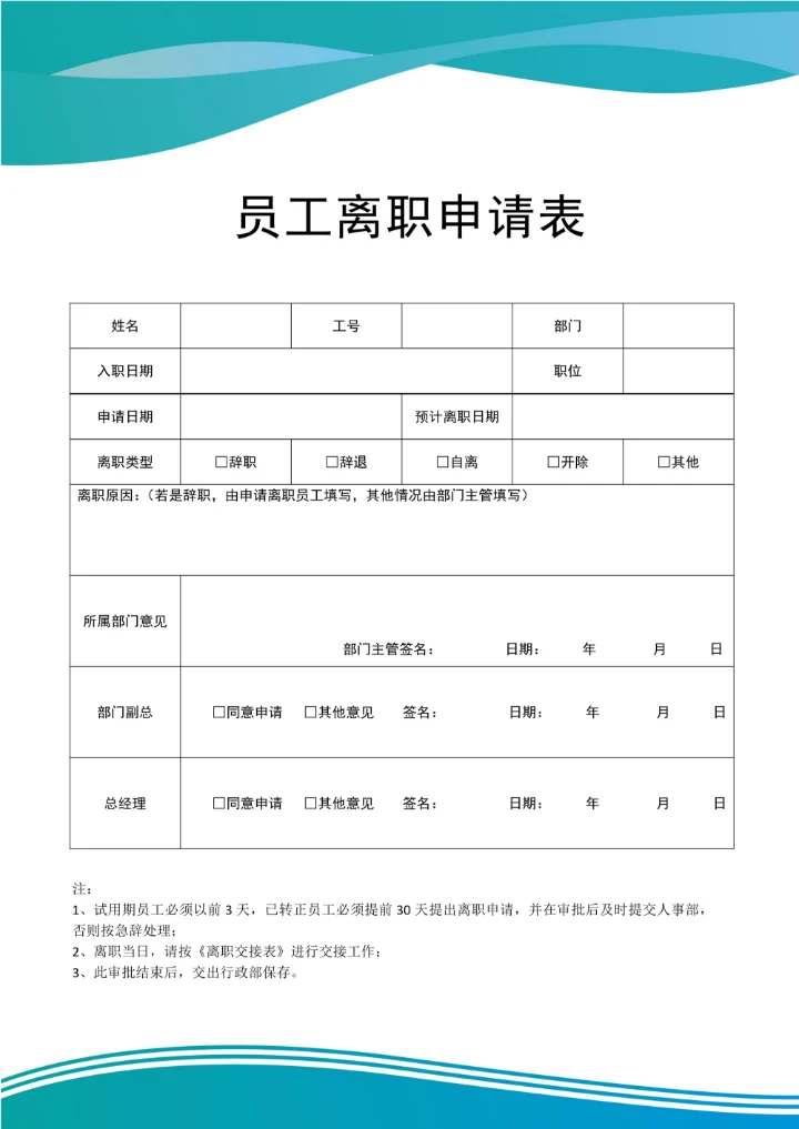 实用个人离职申请书