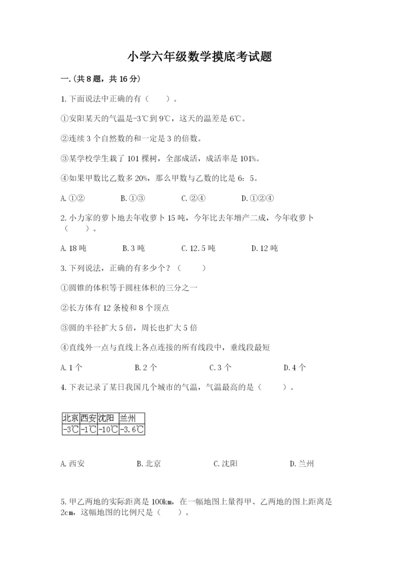 小学六年级数学摸底考试题及答案1套.docx