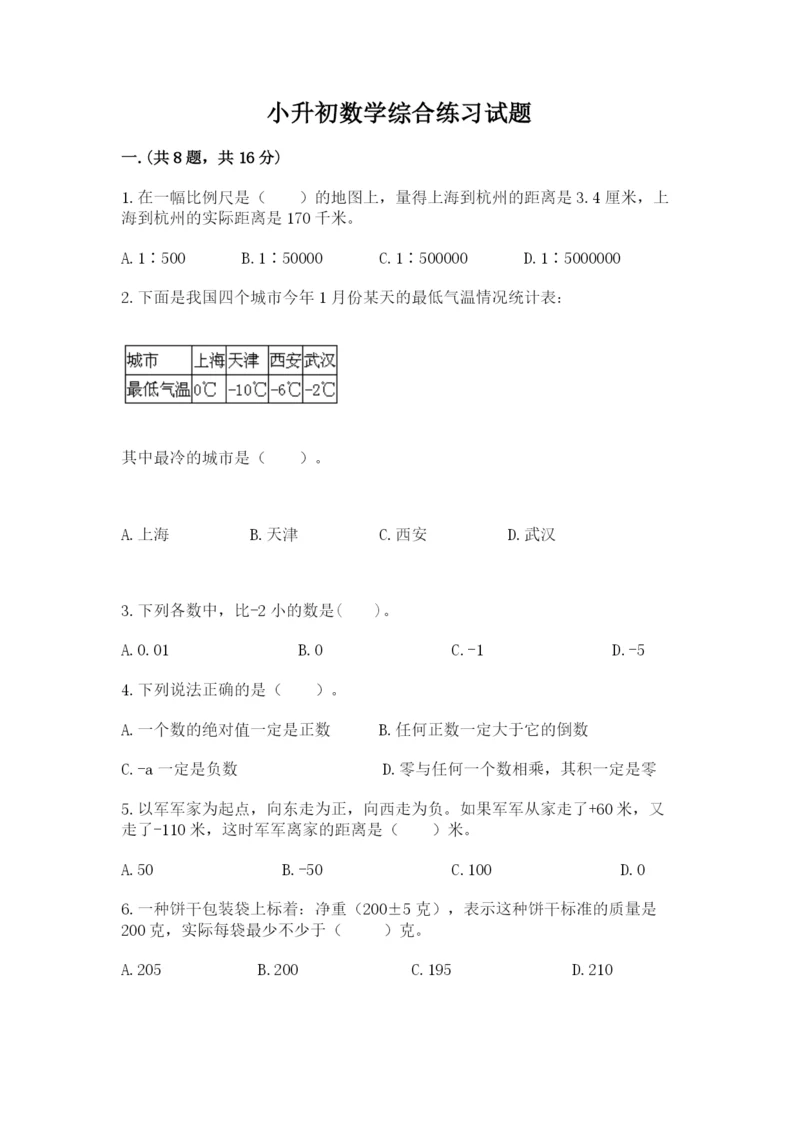 小升初数学综合练习试题及参考答案（轻巧夺冠）.docx