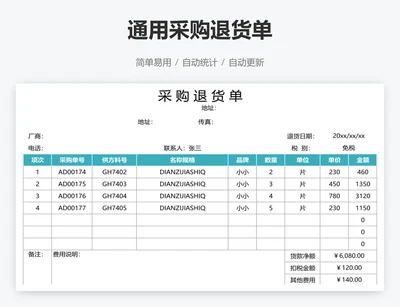 通用采购退货单