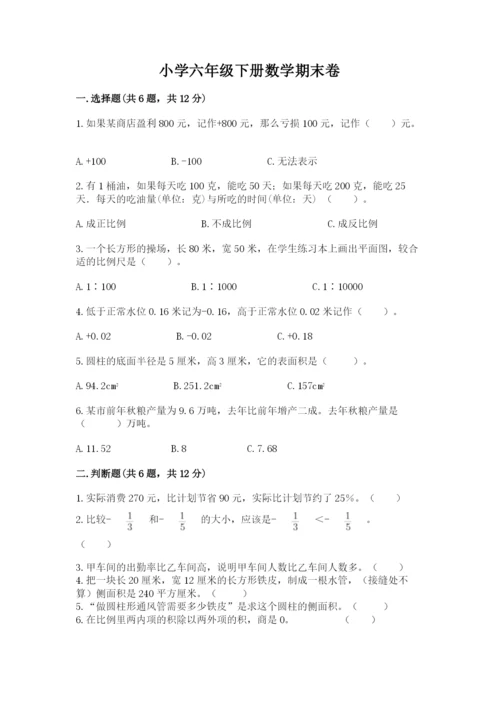 小学六年级下册数学期末卷及完整答案【名校卷】.docx