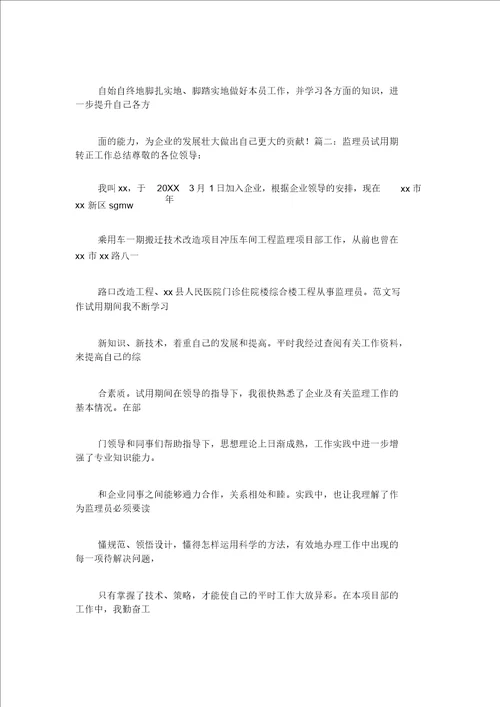 监理试用期个人工作总结