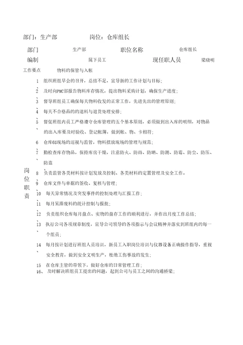 班组长岗位职责
