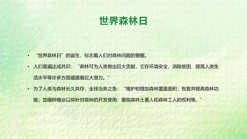 绿色卡通简约展板风世界森林日主题PPT模板
