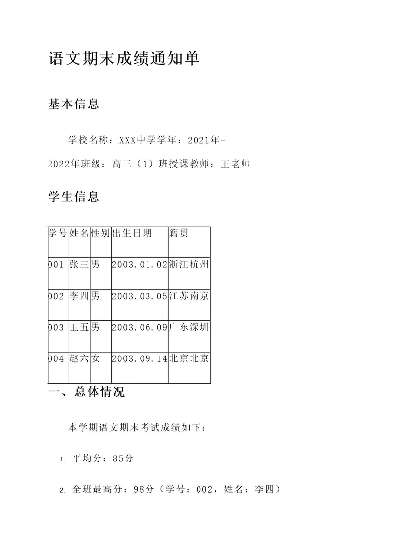 语文期末成绩通知单