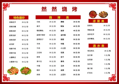 烧烤点菜单价目表