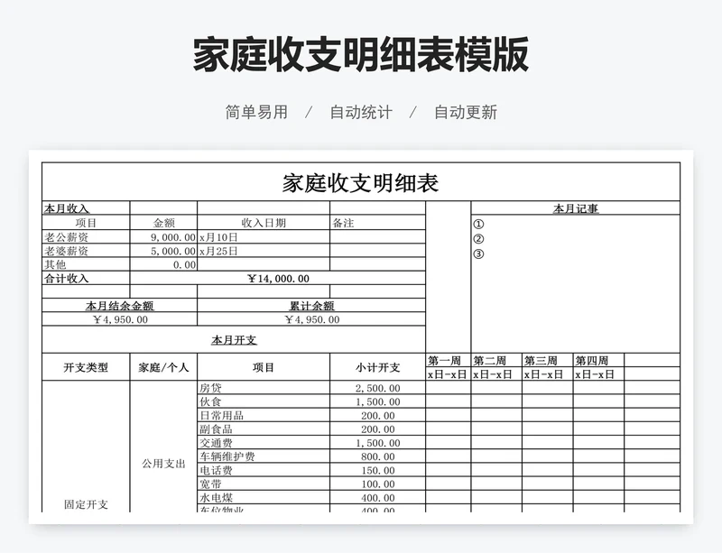 家庭收支明细表模版