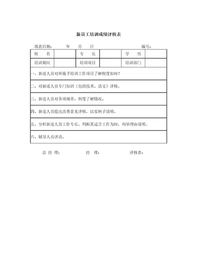 员工培训成绩评核表