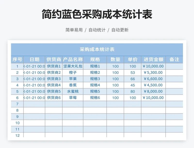 简约蓝色采购成本统计表