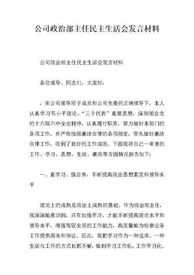 公司政治部主任民主生活会发言材料