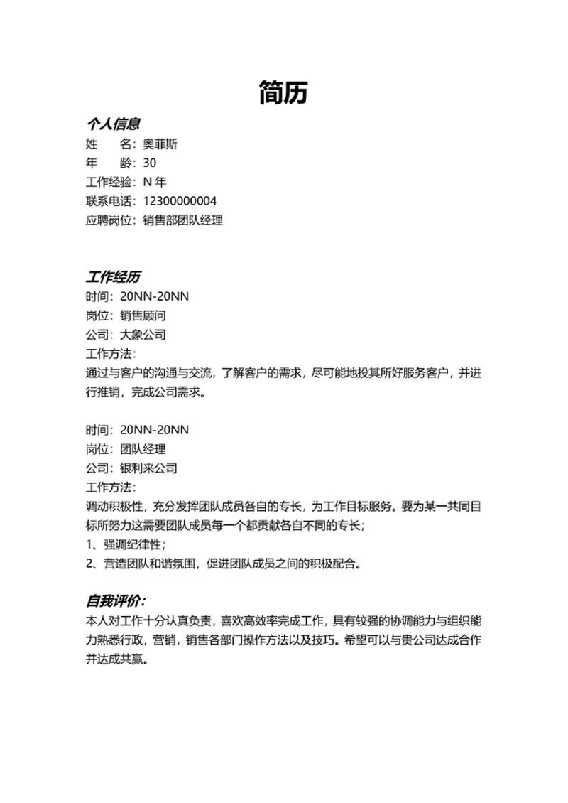 团队经理求职简历word模板