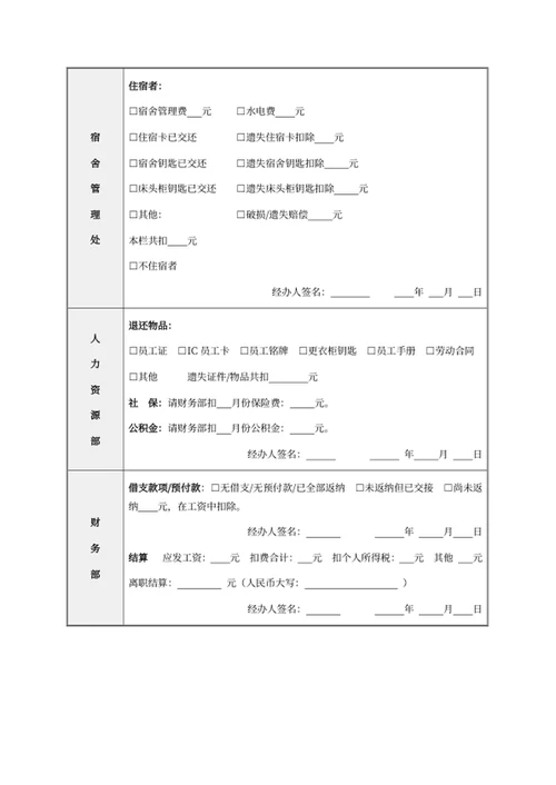 员工离职手续表