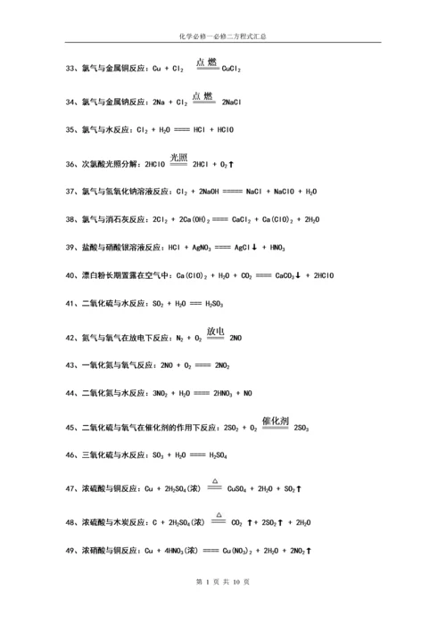 (人教版)高中化学必修一、二化学方程式汇总.docx