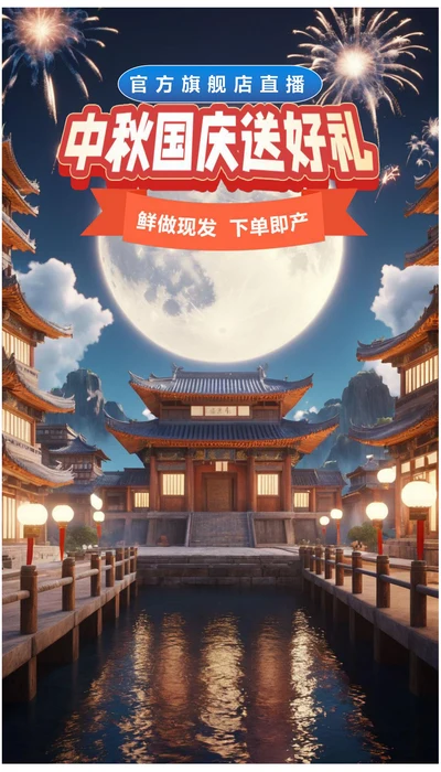中秋国庆送好礼官方旗舰店直播间背景墙海报