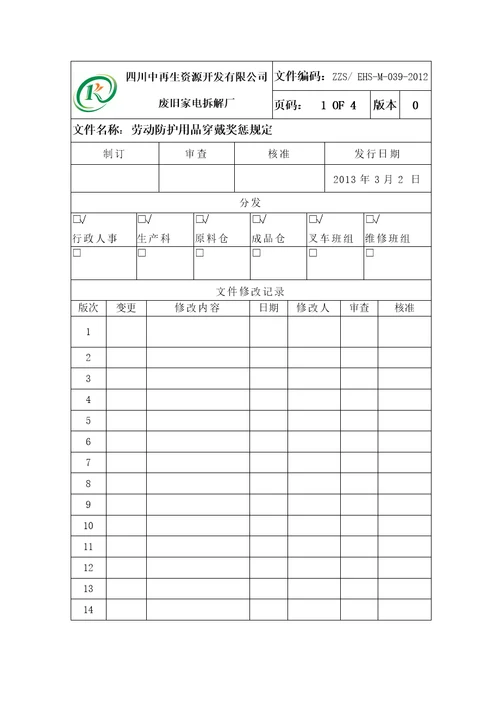 EHSM039劳动防护用品穿戴奖惩规定