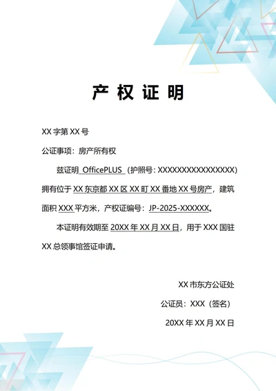 通用国际公证产权证明(A4打印)