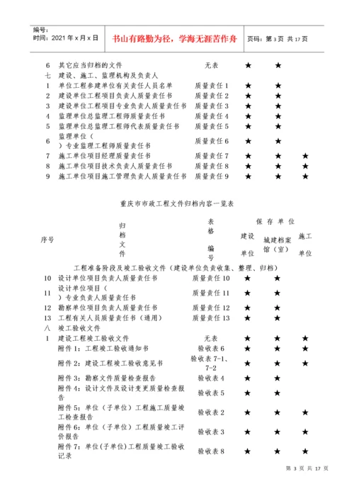 重庆市市政工程文件归档内容一览表.docx