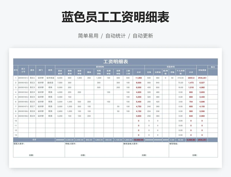 蓝色员工工资明细表