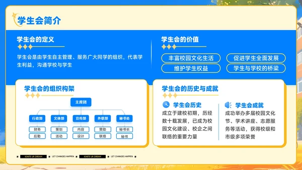 蓝黄色插画风学生会招新PPT模板