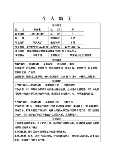 市场专员个人求职简历word模板