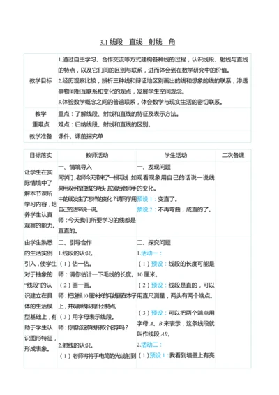 （大单元整体教学）3.1线段　直线　射线　角（表格式）教学设计