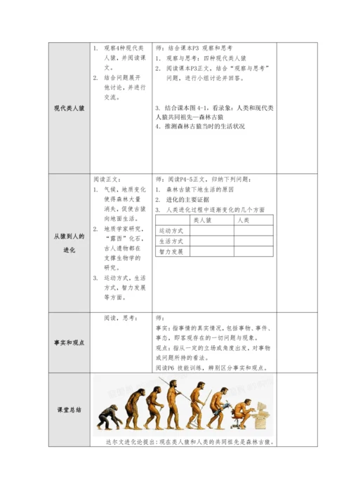 4.1.1 人类的起源和发展 教案（表格式）2023--2024学年人教版生物七年级下册