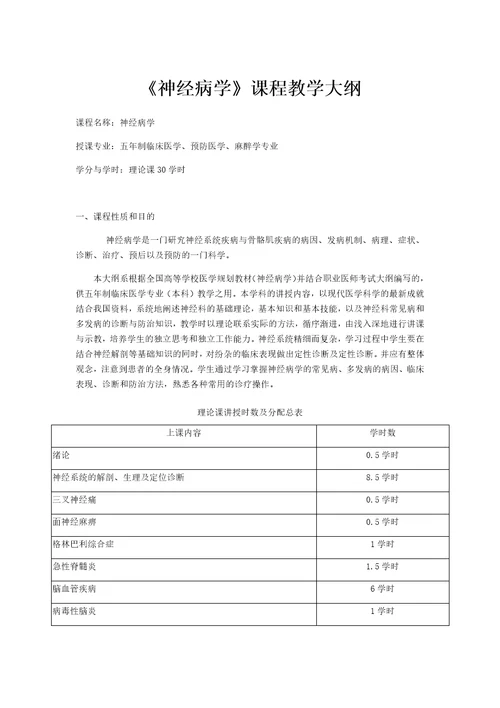 神经病学课程教学大纲