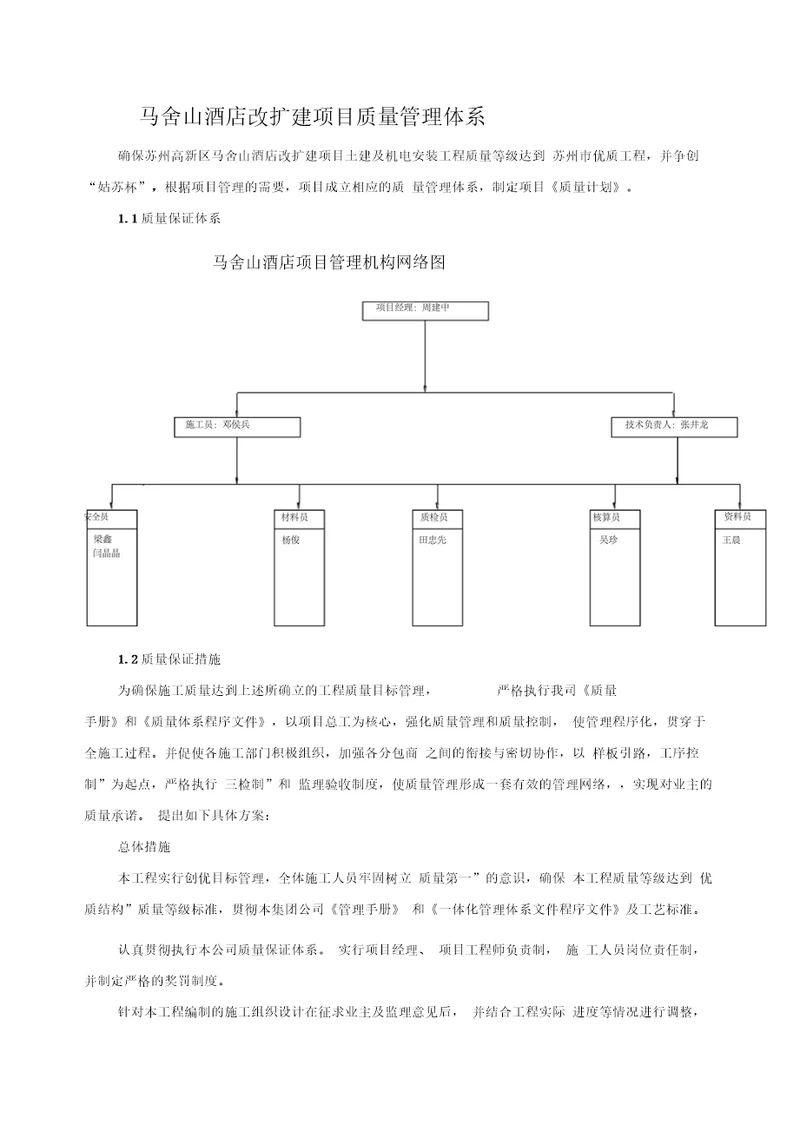 马舍山酒店改扩建项目质量管理体系