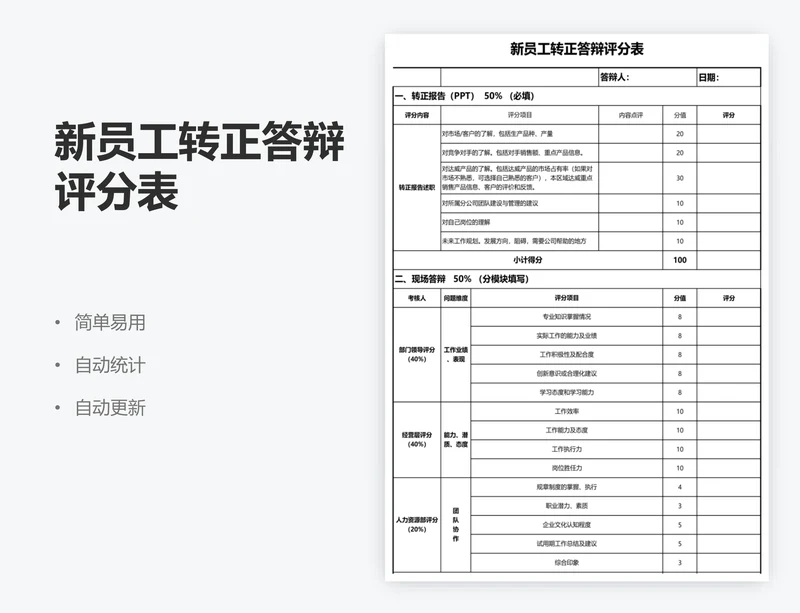 新员工转正答辩评分表