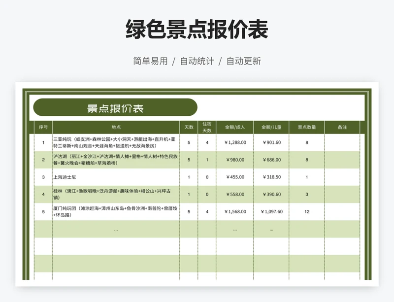 绿色景点报价表