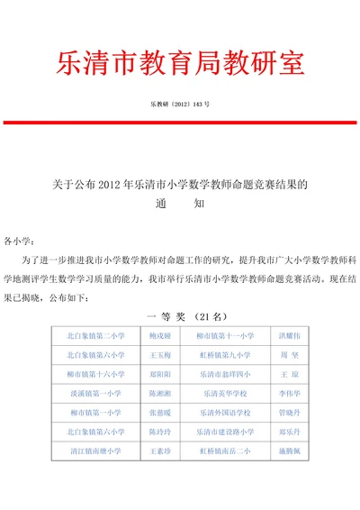 乐清市小学数学教师命题竞赛结果