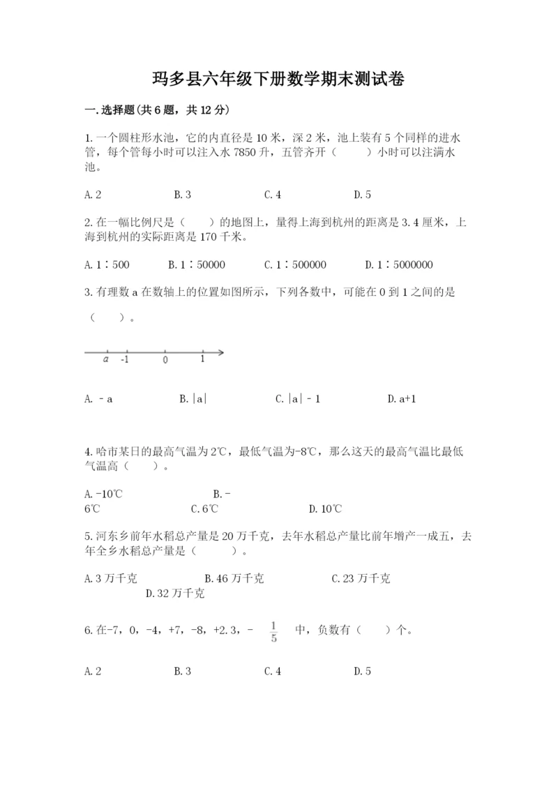 玛多县六年级下册数学期末测试卷（夺冠）.docx