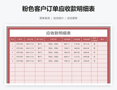 粉色客户订单应收款明细表