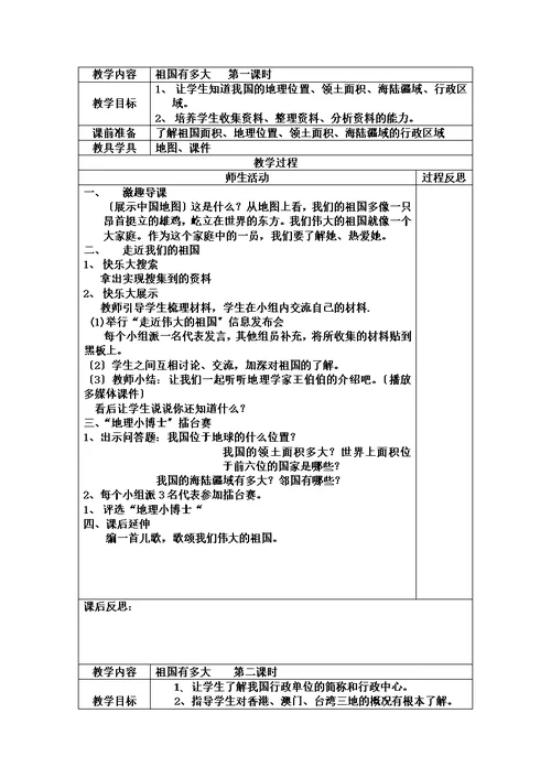 未来版品德与社会五年级下册：祖国有多大 教案设计