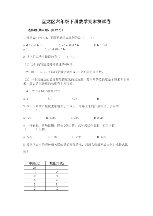 盘龙区六年级下册数学期末测试卷往年题考.docx