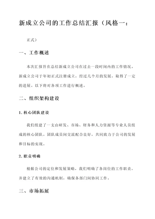 新成立公司的工作总结汇报