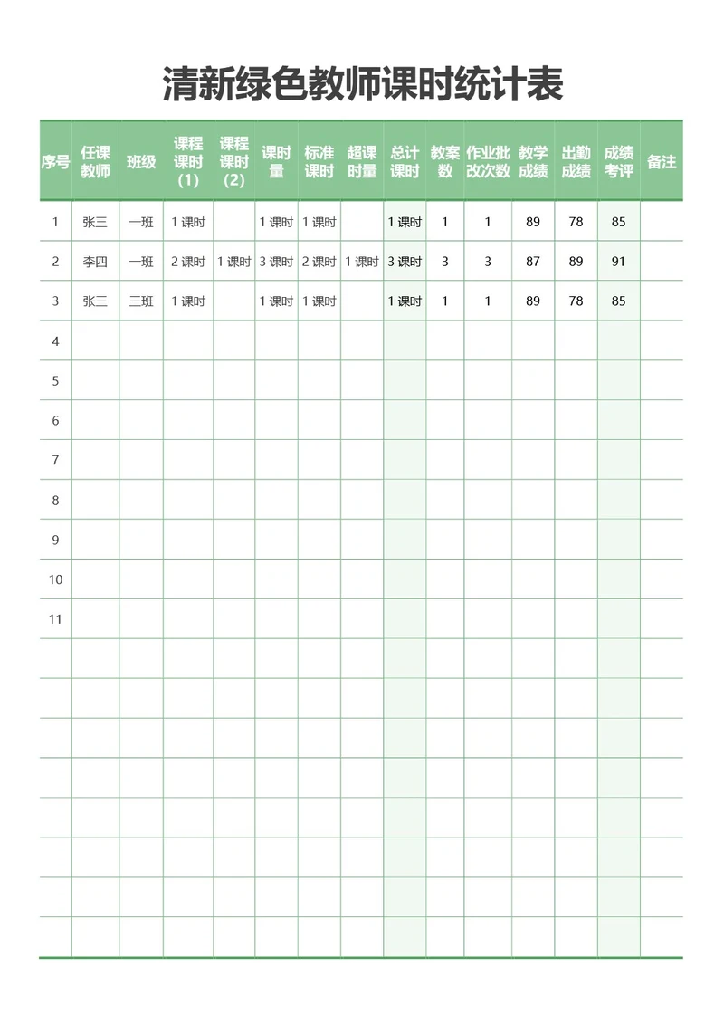 清新绿色教师课时统计表