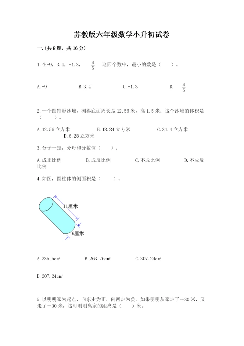 苏教版六年级数学小升初试卷及参考答案【精练】.docx