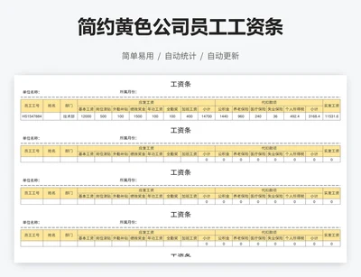 简约黄色公司员工工资条