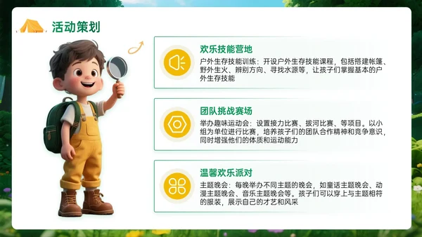 绿黄色3D立体暑假欢乐夏令营PPT模板